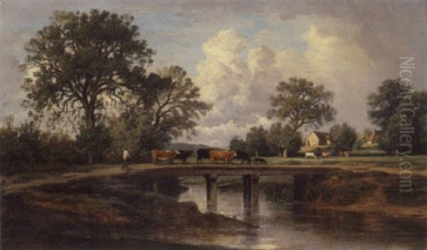 Le Troupeau Sur Le Pont Oil Painting by Nicolas Louis Cabat