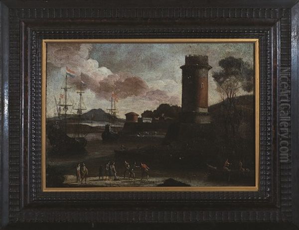 Veduta Portuale Con Torre Oil Painting by Adriaen Van Der Cabel