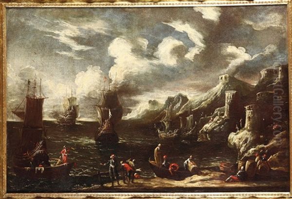 Paesaggio Costiero Con Velieri Oil Painting by Adriaen Van Der Cabel