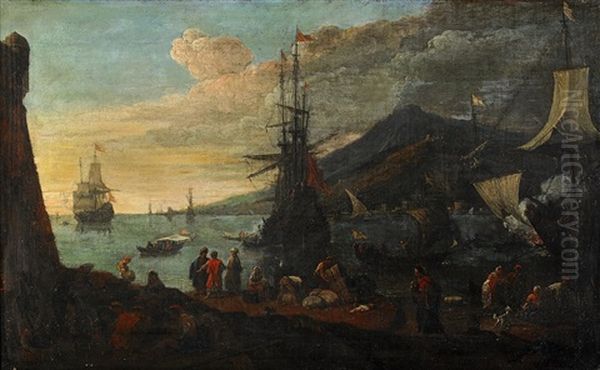 View From A Port, Probably Naples Oil Painting by Adriaen Van Der Cabel