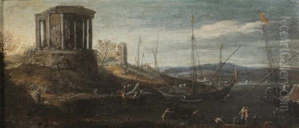 Scene Portuaire Avec Le Temple De Sybille Oil Painting by Adriaen Van Der Cabel