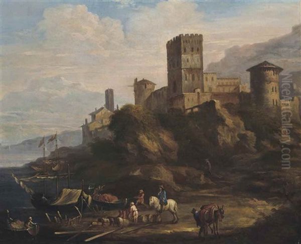 A River Landscape With Figures Loading Boats, An Italianate Castle, Mountains Beyond Oil Painting by Adriaen Van Der Cabel