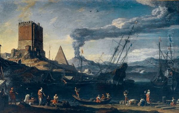 Paysage Lacustre Anime De Bateaux Devant Une Forteresse Oil Painting by Adriaen Van Der Cabel