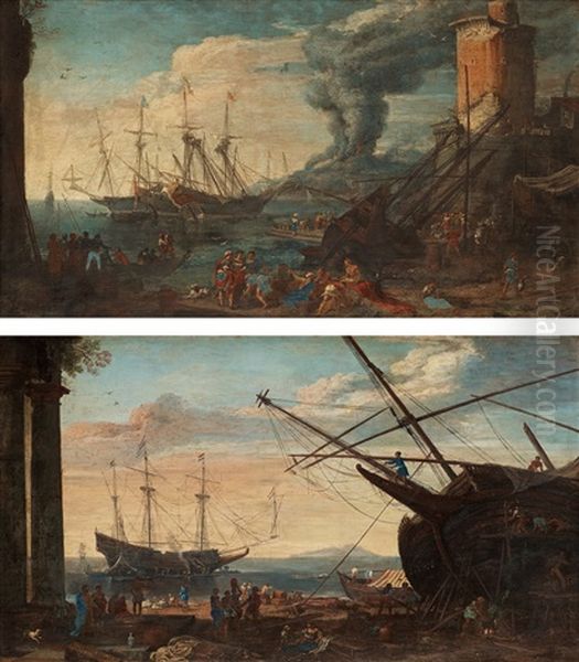 Harbour Scenes From Naples (2) Oil Painting by Adriaen Van Der Cabel