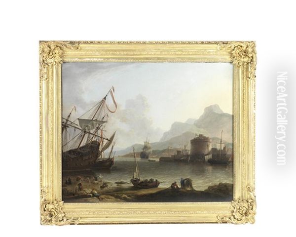 A Mediterranean Harbour With Shipping At Anchor And Stevedores On The Shore Oil Painting by Adriaen Van Der Cabel