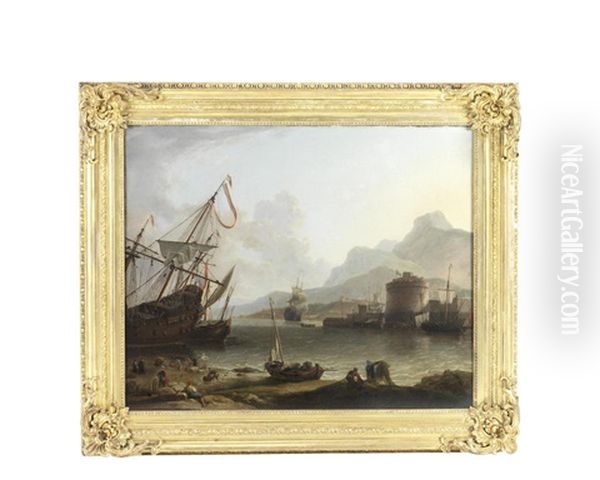 A Mediterranean Harbour With Shipping At Anchor Oil Painting by Adriaen Van Der Cabel