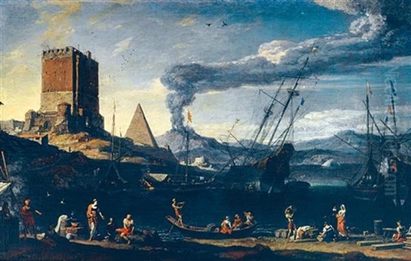 Paysage Lacustre Anime De Bateaux Devant Une Forteresse, Une Pyramide Et Au Loin Un Volcan Oil Painting by Adriaen Van Der Cabel