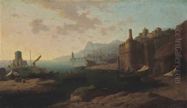 A Capriccio Of A Mediterranean Port At Sunrise With A Fisherman Preparing His Boat Oil Painting by Adriaen Van Der Cabel