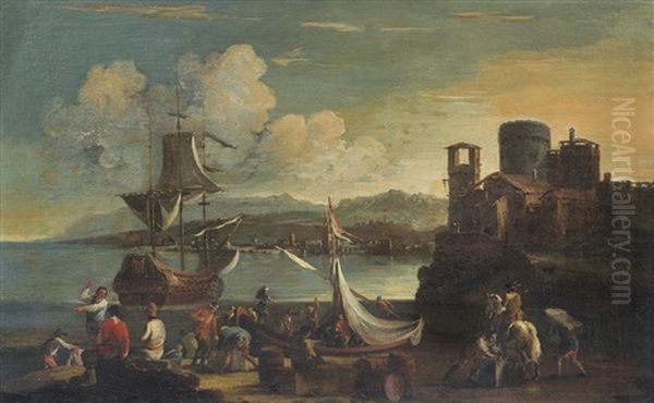 Paesaggio Costiero Con Imbarcazioni E Astanti Oil Painting by Adriaen Van Der Cabel