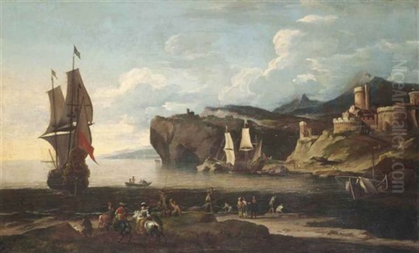 A Coastal Landscape With A Man-o'-war And Other Vessels On The Water, Elegant Figures On Horseback On The Shore, A Fortress Beyond Oil Painting by Adriaen Van Der Cabel