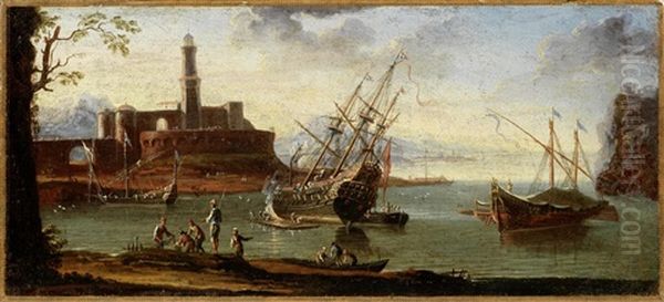 Fishermen And Other Figures In A Mediterranean Coastal Landscape Unframed Oil Painting by Adriaen Van Der Cabel