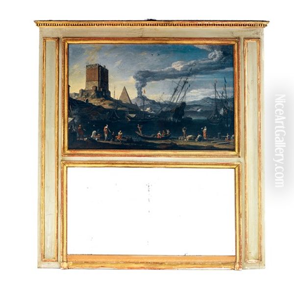 Paysage Lacustre Anime De Bateaux Devant Une Forteresse, Une Pyramide Et Au Loin Un Volcan Oil Painting by Adriaen Van Der Cabel