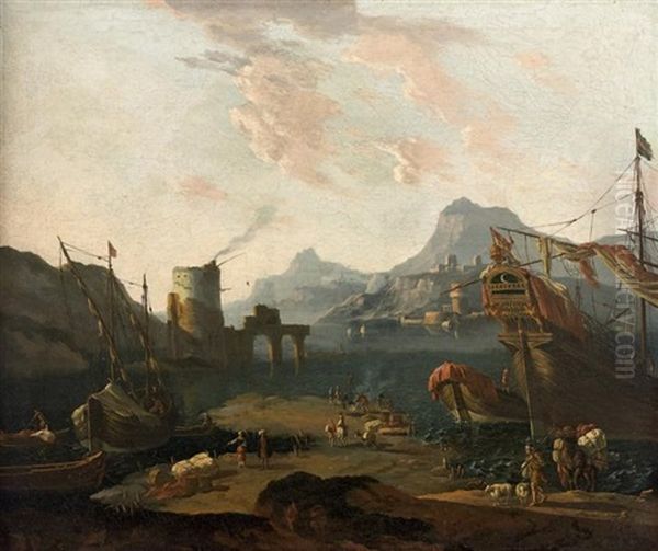 Navire Turc Amarre Dans Un Port Mediterraneen Oil Painting by Adriaen Van Der Cabel