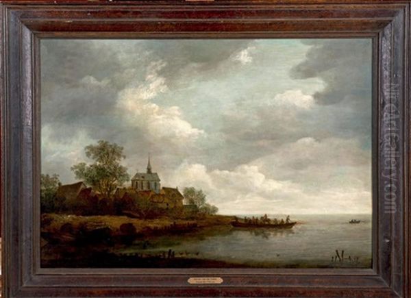 Paysage Fluvial Avec Un Bac Oil Painting by Adriaen Van Der Cabel