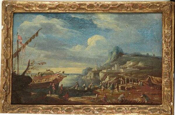 Campement Pres Du Port Oil Painting by Adriaen Van Der Cabel