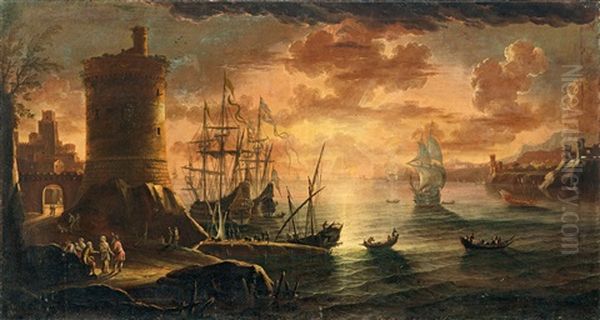 Mediterrane Kustenlandschaft Mit Figuren Und Fischern Vor Einem Turm Im Sonnenuntergang Oil Painting by Adriaen Van Der Cabel