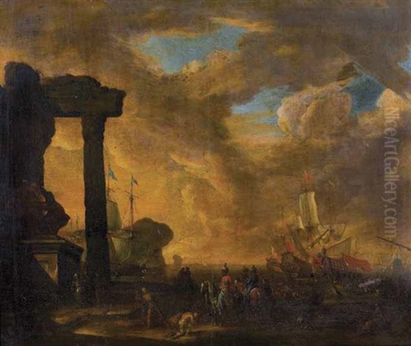 Sudlicher Meerhafen Mit Segelschiffen Und Orientalischer Szenerie Oil Painting by Adriaen Van Der Cabel