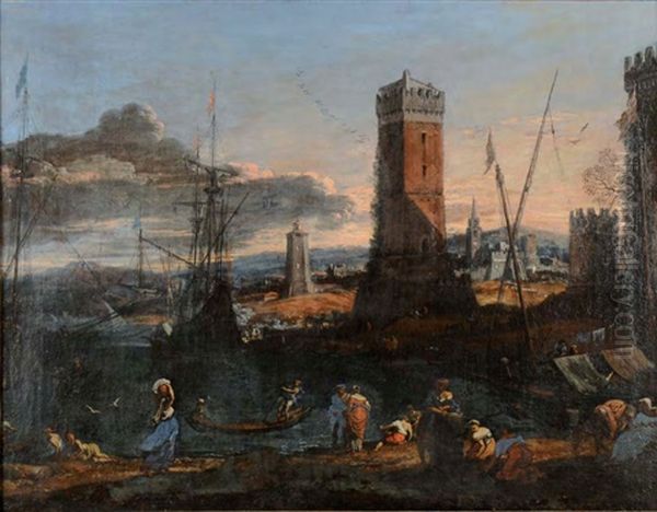 Vue De Port Anime Au Pied D'une Tour Sur Une Cote D' Italie Oil Painting by Adriaen Van Der Cabel