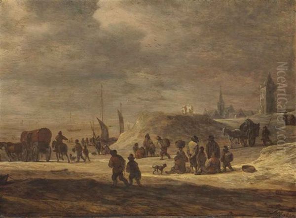 Fishermen And Peasants On A Beach With A Village Beyond Oil Painting by Adriaen Van Der Cabel