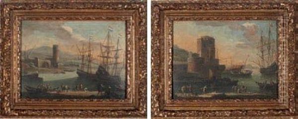 Ports Mediterraneens Animes De Nombreux Personnages (pair) Oil Painting by Adriaen Van Der Cabel