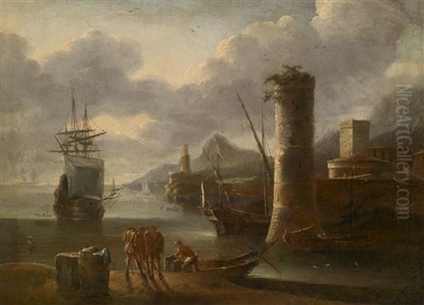 Ein Sudlicher Seehafen Mit Wachtturmen Oil Painting by Adriaen Van Der Cabel