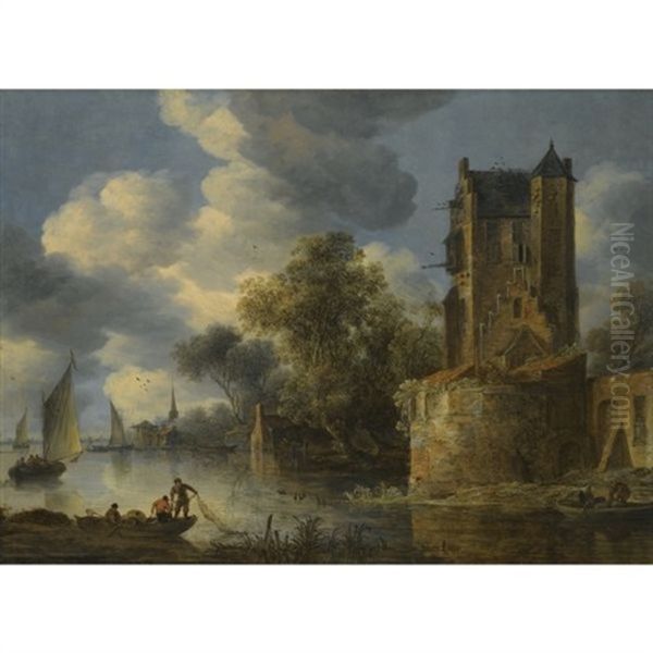 River Landscape With A Bastion Oil Painting by Adriaen Van Der Cabel