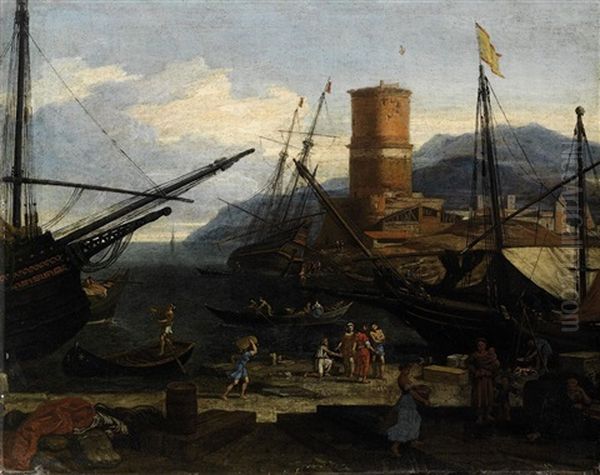 Veduta Di Porto Con Torre E Velieri Oil Painting by Adriaen Van Der Cabel