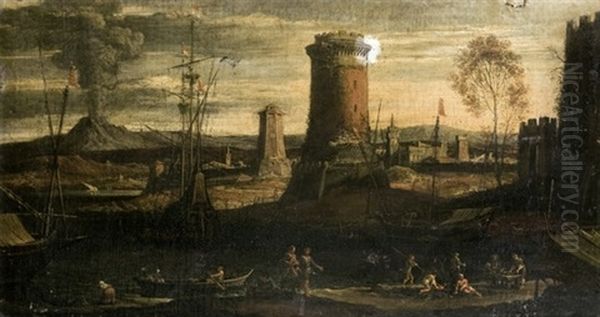 Porto Del Mediterraneo Con Vulcano In Eruzione In Lontananza Oil Painting by Adriaen Van Der Cabel