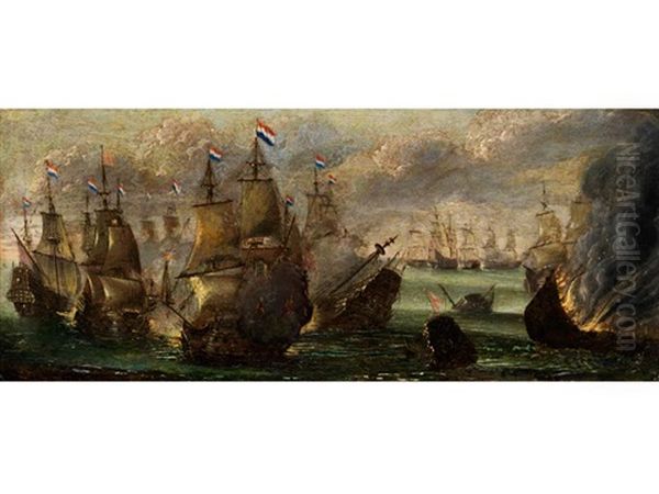 Seeschlacht Mit Hollandischen Schiffen Oil Painting by Adriaen Van Der Cabel