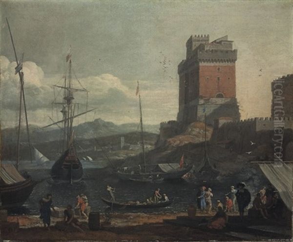 View Of A Fortified Mediterranean Harbour by Adriaen Van Der Cabel