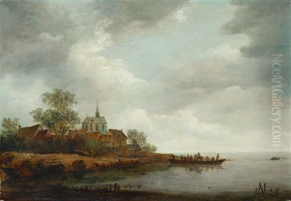 Flusslandschaft Mit Blick Auf Ein Dorf Mit Kirche Oil Painting by Adriaen Van Der Cabel