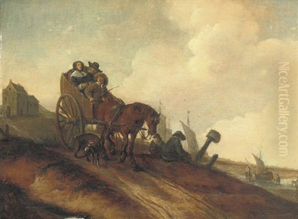 Peasants In A Horse-drawn Cart In A Dune Landscape by Adriaen Van Der Cabel