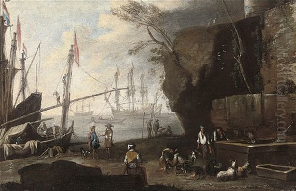 A Mediterranean Coastal Landscape With Figures In The Foreground And Shipping Beyond Oil Painting by Adriaen Van Der Cabel