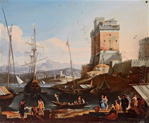 Italienischer Hafen Mit Eckigem Turm, Booten Und Vielen Figuren, Marina Italiana Con Torre E Figure; Oil Painting by Adriaen Van Der Cabel