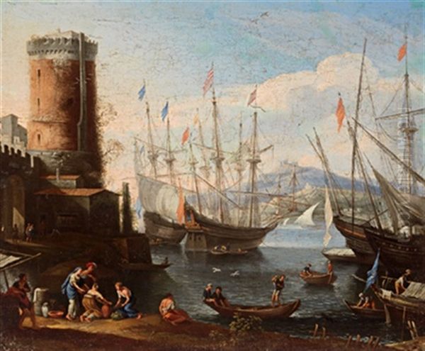 Italienischer Hafen Mit Ankernden Dreimastern Und Figuren, Marina Italiana Con Torre E Figure Oil Painting by Adriaen Van Der Cabel