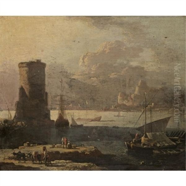 A Mediterranean Coastal Scene With Figures On A Quay Oil Painting by Adriaen Van Der Cabel