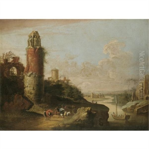 A Mediterranean Coastal Scene Oil Painting by Adriaen Van Der Cabel