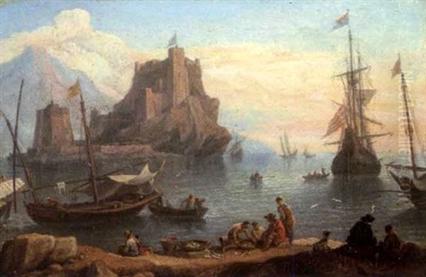 Vue Portuaire Animee Avec Chateau Fort Sur Le Second Plan Oil Painting by Adriaen Van Der Cabel