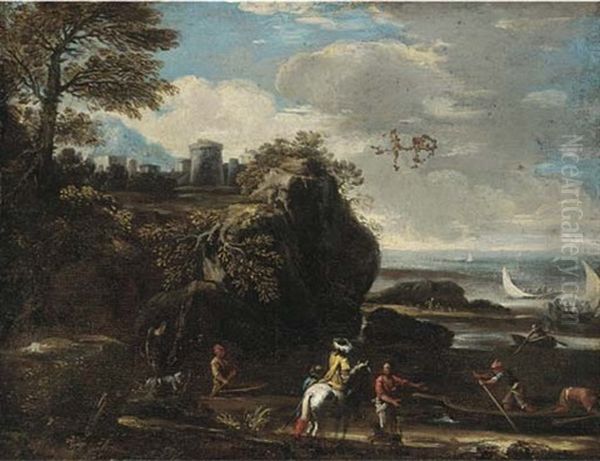 A Mediterranean Coastal Inlet With Fishermen And Boating, A Hilltop Town Beyond Oil Painting by Adriaen Van Der Cabel