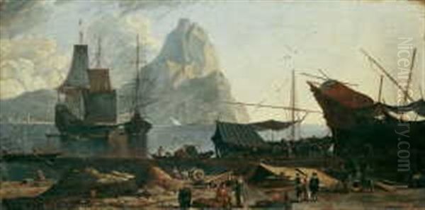 Ein Sudlicher Seehafen (gibraltar?) Oil Painting by Adriaen Van Der Cabel