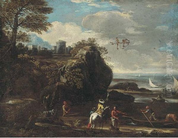 A Mediterranean Coastal Inlet With Fishermen And Boating, A Hilltop Town Beyond Oil Painting by Adriaen Van Der Cabel