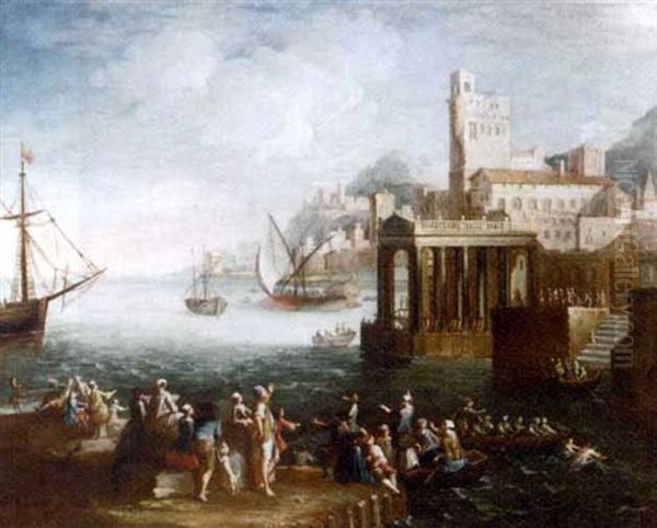 A Capriccio Of A Mediterranean Port With Figures On A Quay And Shipping Beyond Oil Painting by Adriaen Van Der Cabel