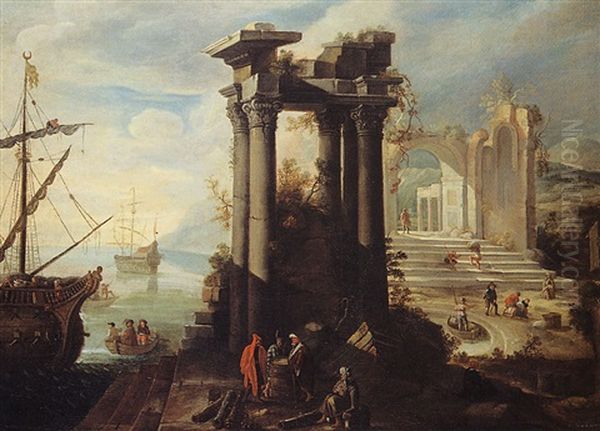 Scene De Port Mediterraneen Oil Painting by Adriaen Van Der Cabel