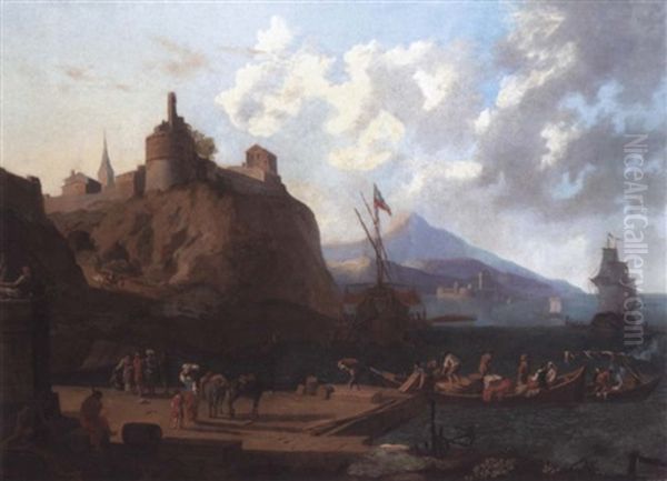 A Mediterranean Harbour Scene With Numerous Figures On A Quay Beneath A Fort Oil Painting by Adriaen Van Der Cabel