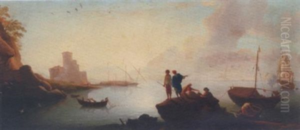 A Mediterranean Harbour Scene With Fishermen And A Man O'war Firing A Salute In The Distance Oil Painting by Adriaen Van Der Cabel