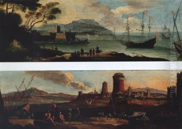 A Coastal Inlet With Figures And Moored Boats, A Town Beyond Oil Painting by Adriaen Van Der Cabel