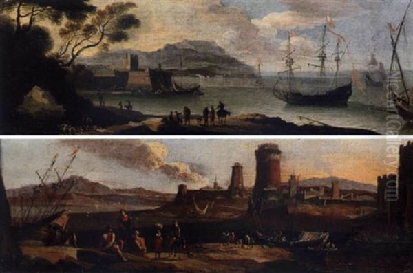 A Coastal Inlet With Figures And Moored Boats, A Town Beyond Oil Painting by Adriaen Van Der Cabel