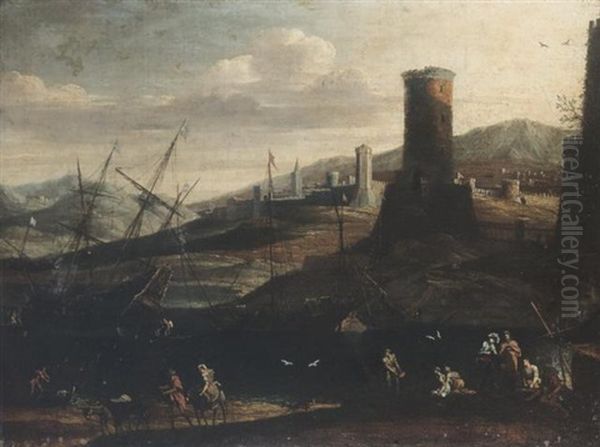 Porto Mediterraneo Con Viandante Oil Painting by Adriaen Van Der Cabel