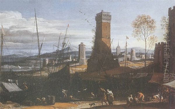 Scene De Port Anime Oil Painting by Adriaen Van Der Cabel