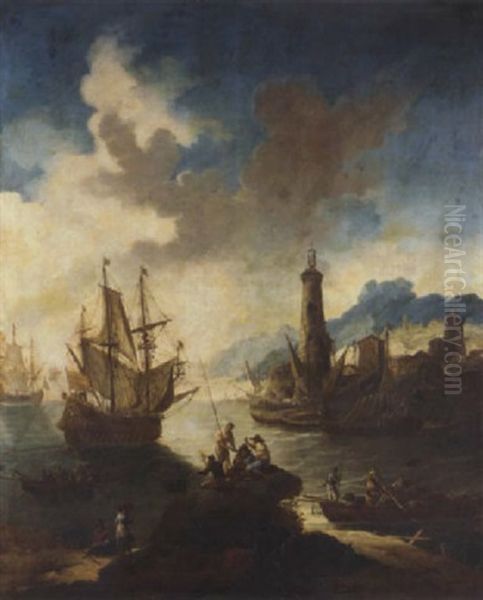 A Mediterranean Port With Fishermen In The Foreground, A Man-o'-war Offshore And A Lighthouse Beyond Oil Painting by Adriaen Van Der Cabel